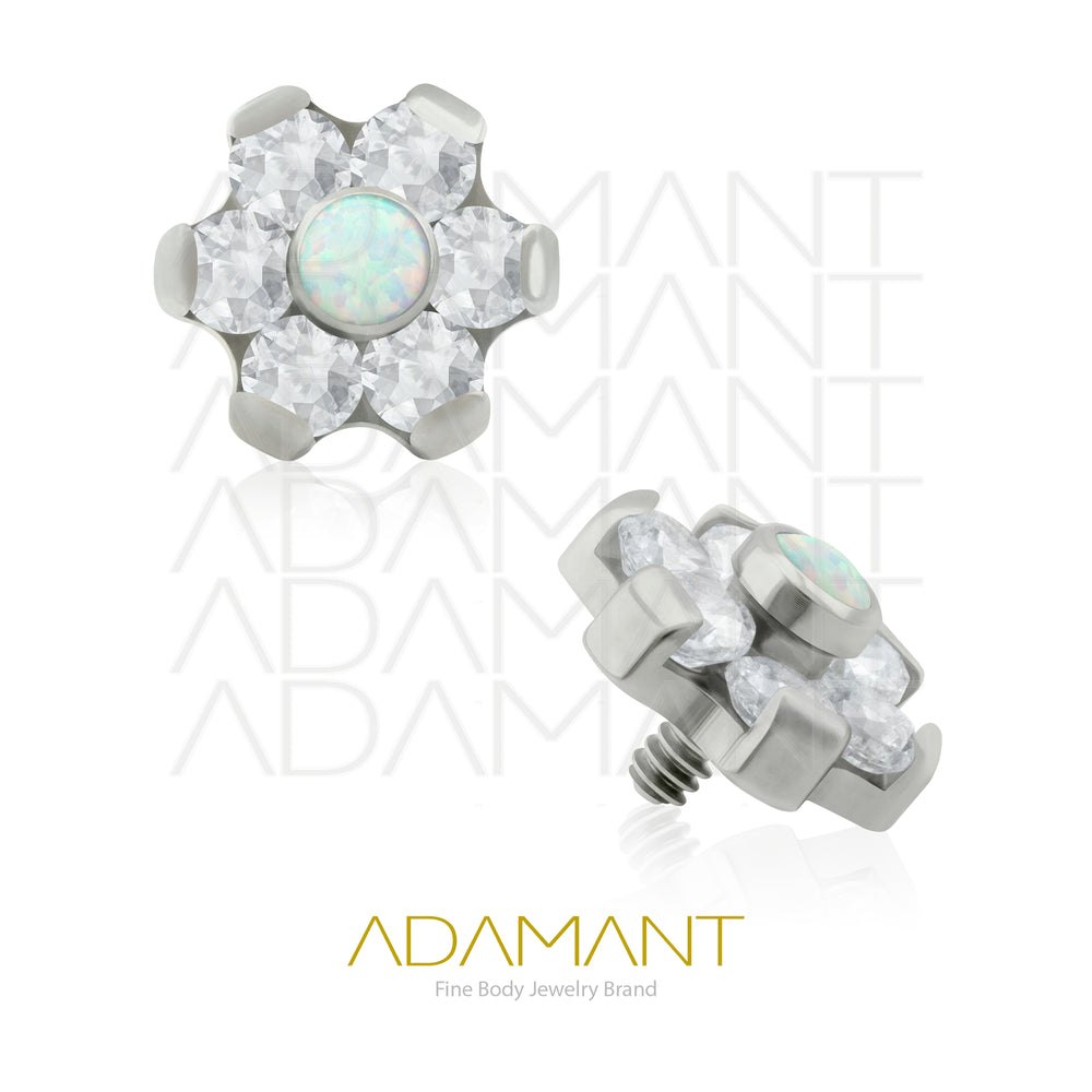 18g - 16g, Titanio Accesorio Rosca, 0.9mm Patrón de rosca, Flor, Prong Set, Cubic Zirconia con centro de Opal.