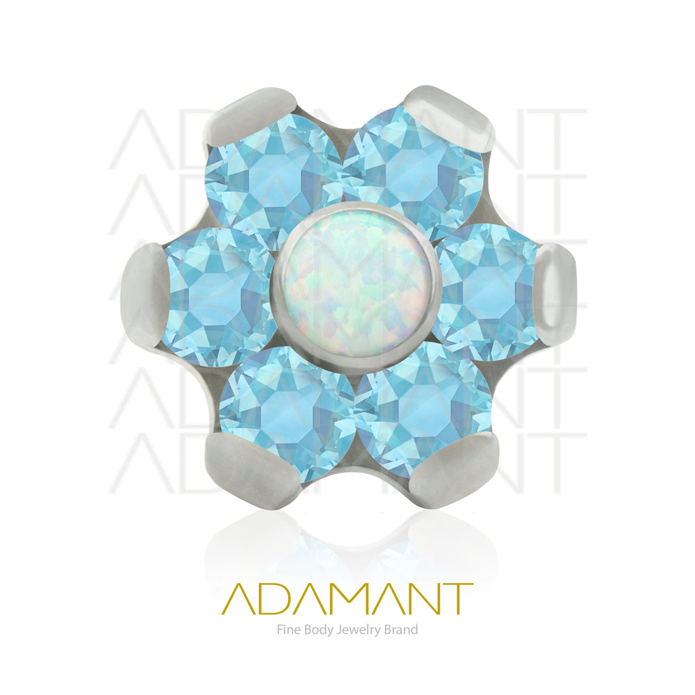 18g - 16g, Titanio Accesorio Rosca, 0.9mm Patrón de rosca, Flor, Prong Set, Cubic Zirconia con centro de Opal.