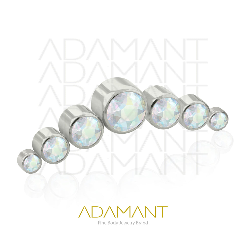 18g - 16g, Titanio Accesorio Rosca, 0.9mm Patrón de rosca, Seven Curved, Bezel Set, Cubic Zirconia.