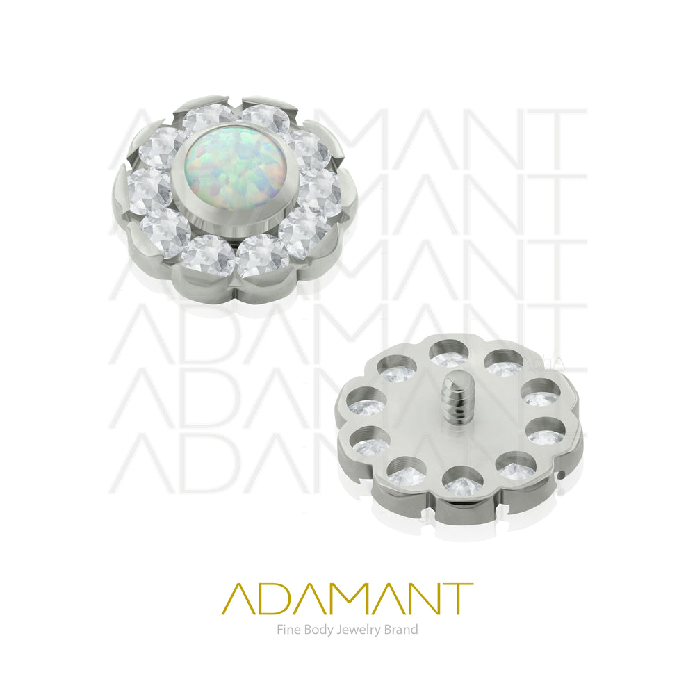 18g - 16g, Titanio Accesorio Rosca, 0.9mm Patrón de rosca, Sunflower, Prong Set, Cubic Zirconia con Centro de Opal.