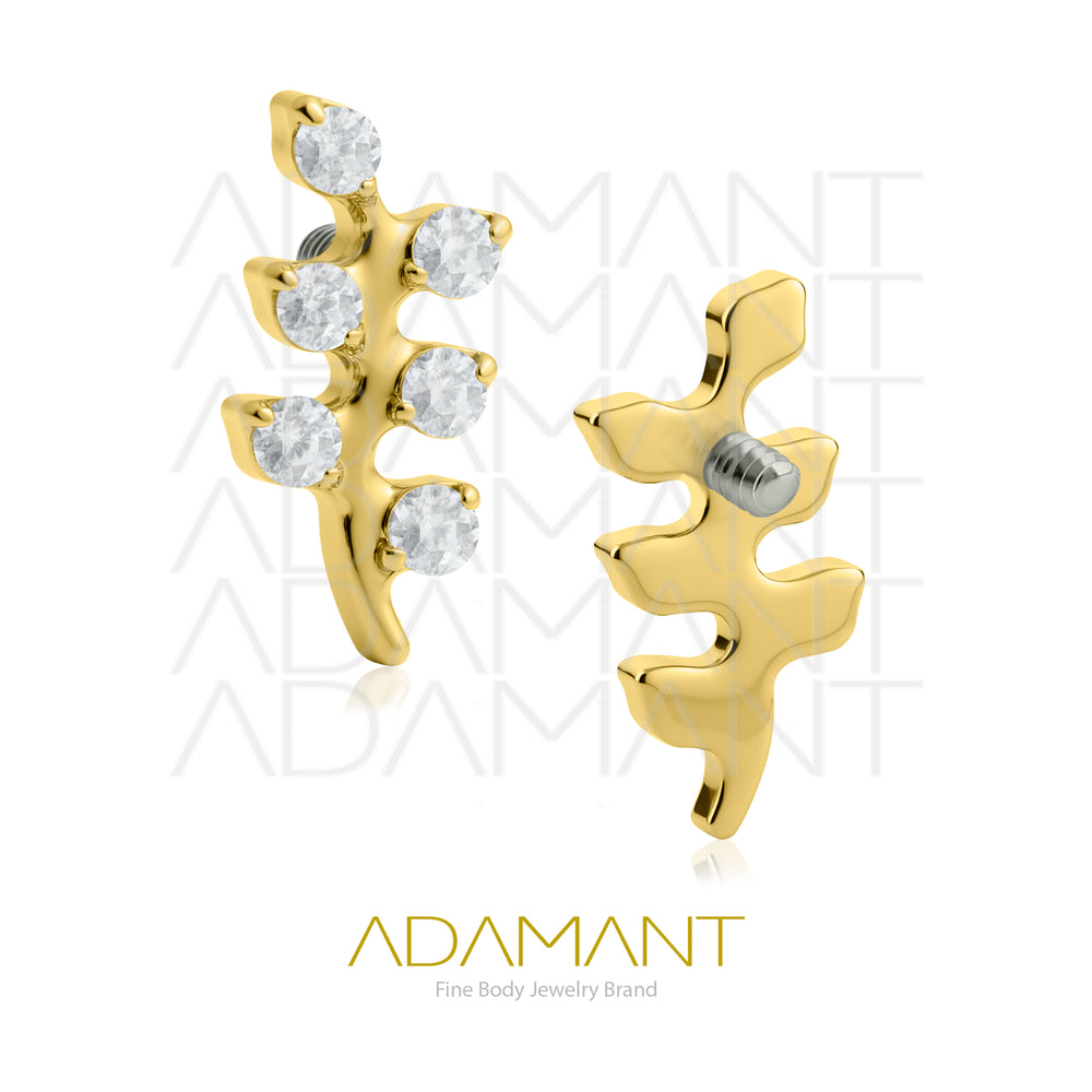 18g - 16g, Titanio Platizado Dorado, Accesorio Rosca, 0.9mm Patrón de rosca, Branch leaves, Prong set, Cubic Zirconia.