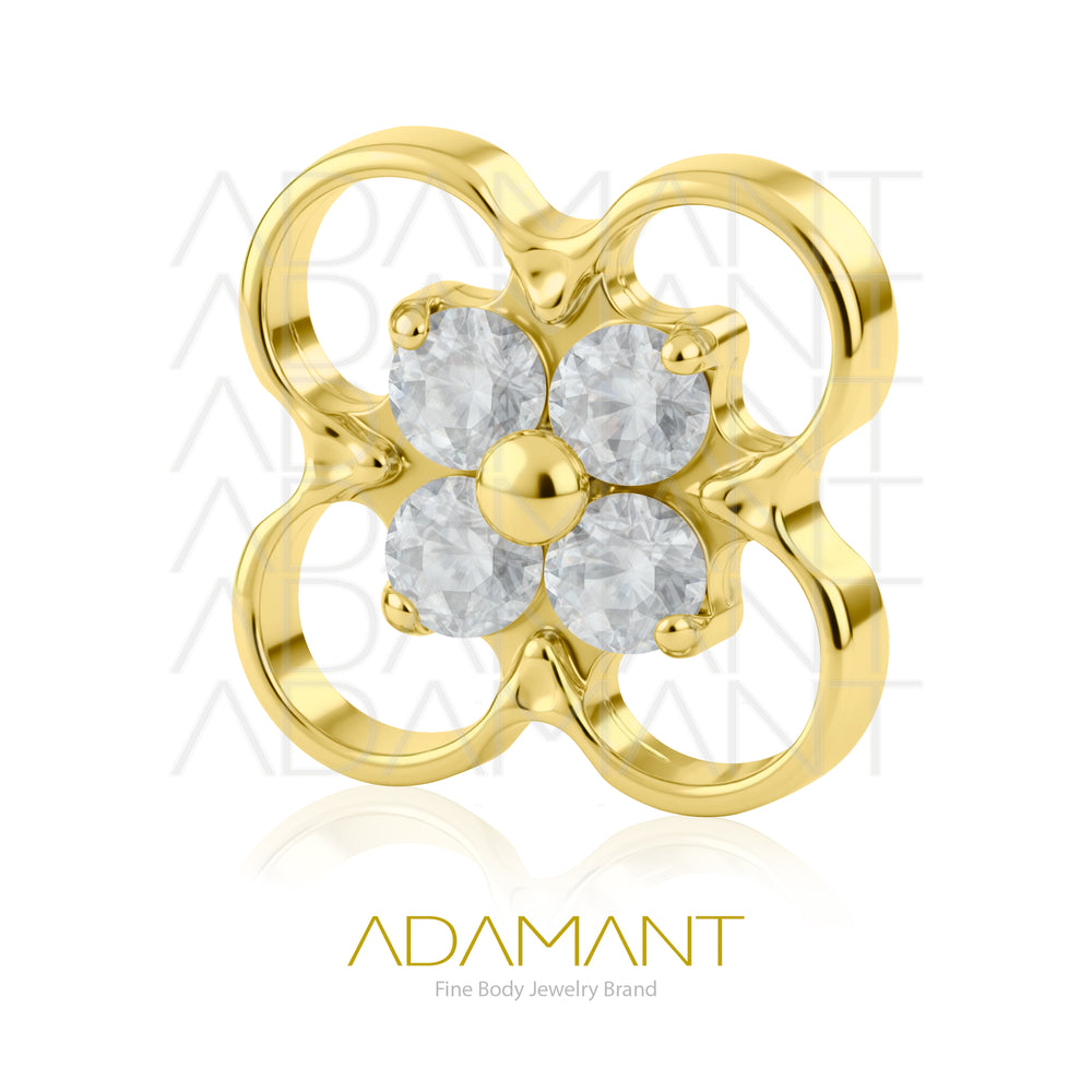 18g - 16g, Titanio Platizado Dorado, Accesorio Rosca, 0.9mm Patrón de rosca, Flower pendant, Prong set, Cubic Zirconia.