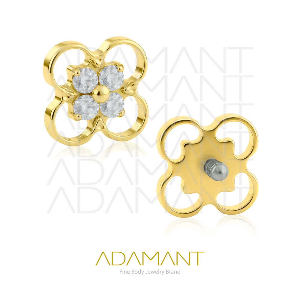 18g - 16g, Titanio Platizado Dorado, Accesorio Rosca, 0.9mm Patrón de rosca, Flower pendant, Prong set, Cubic Zirconia.