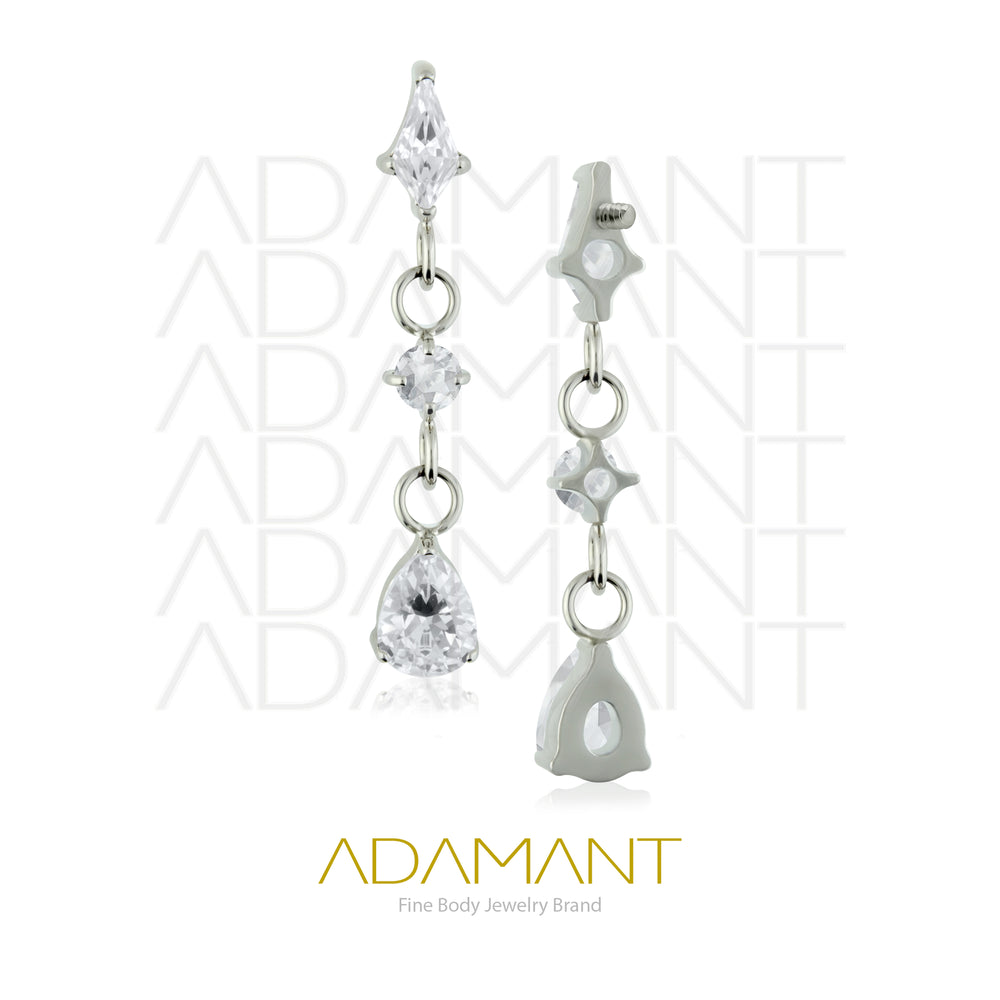 18g - 16g, Titanio Accesorio Rosca, 0.9mm Patrón de rosca, Gem Trio Chain, Prong Set, Cubic Zirconia.