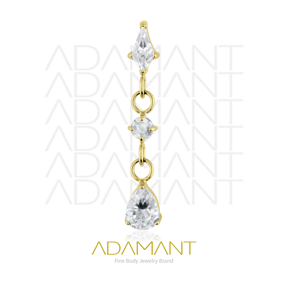 18g - 16g, Titanio Platizado Dorado Accesorio Rosca, 0.9mm Patrón de rosca, Gem Trio Chain, Prong Set, Cubic Zirconia