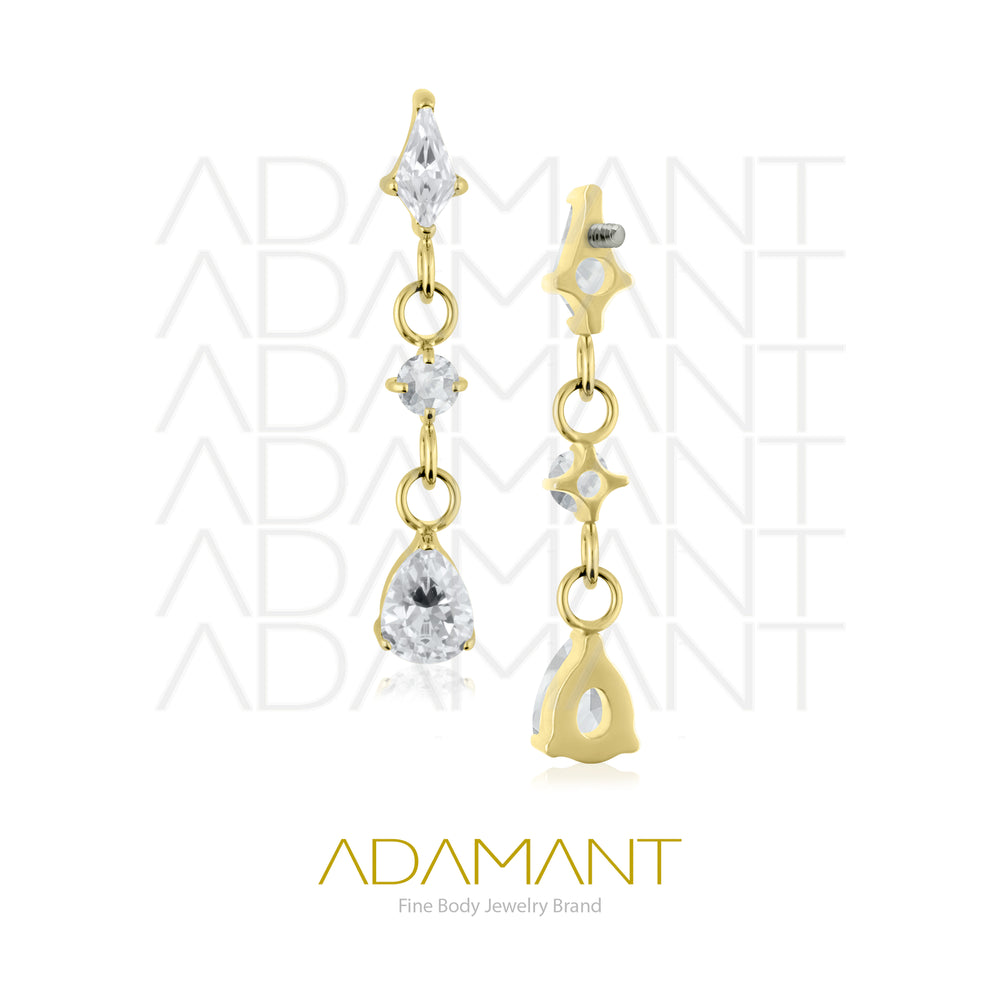 18g - 16g, Titanio Platizado Dorado Accesorio Rosca, 0.9mm Patrón de rosca, Gem Trio Chain, Prong Set, Cubic Zirconia