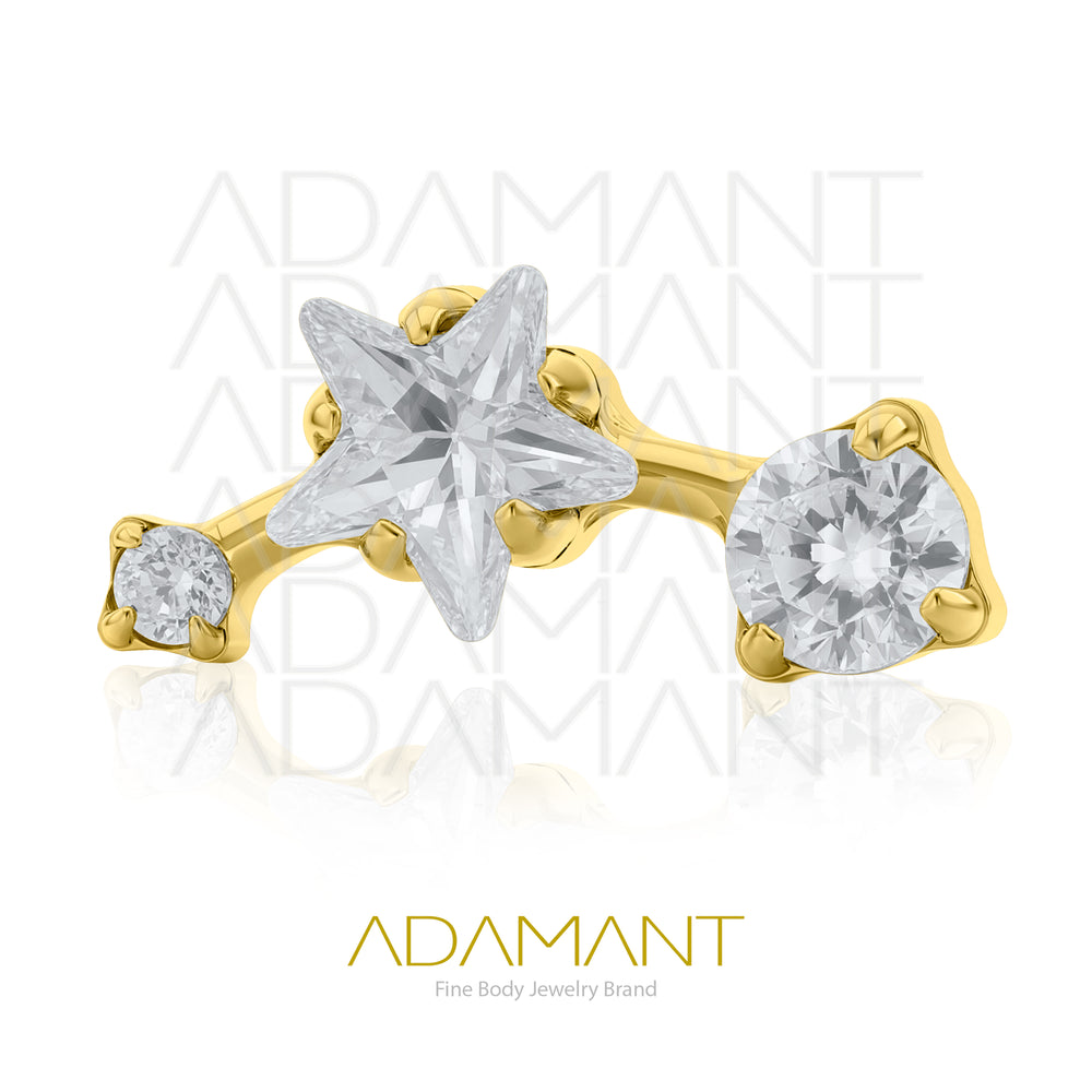 18g - 16g, Titanio Platizado Dorado, Accesorio Rosca, 0.9mm Patrón de rosca, Shooting star, Prong set, Cubic Zirconia.