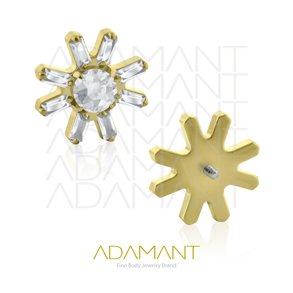 18g - 16g, Titanio Platizado Dorado Accesorio Rosca, 0.9mm Patrón de rosca, Sunflare, Prong Set, Cubic Zirconia.