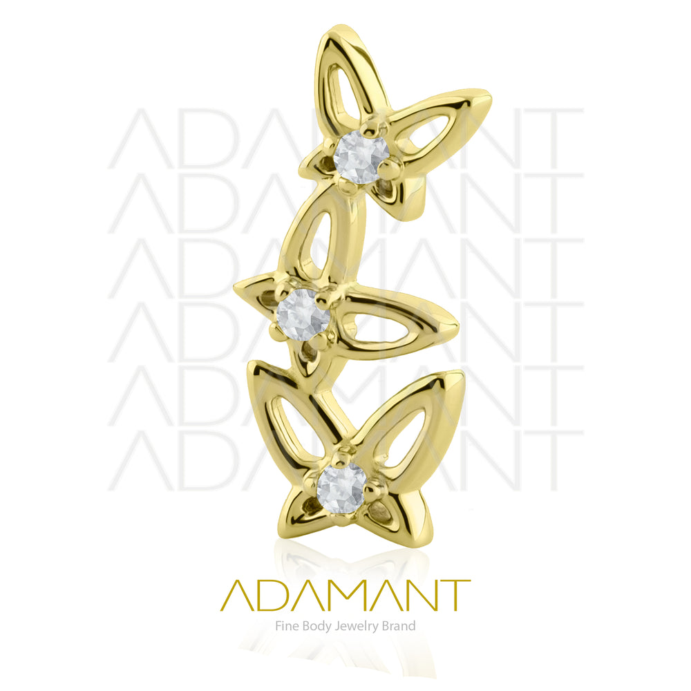18g - 16g, Titanio Platizado Dorado Accesorio Rosca, 0.9mm Patrón de rosca, Triple Butterfly, Prong set, Cubic zirconia.