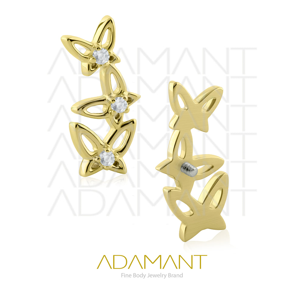 18g - 16g, Titanio Platizado Dorado Accesorio Rosca, 0.9mm Patrón de rosca, Triple Butterfly, Prong set, Cubic zirconia.
