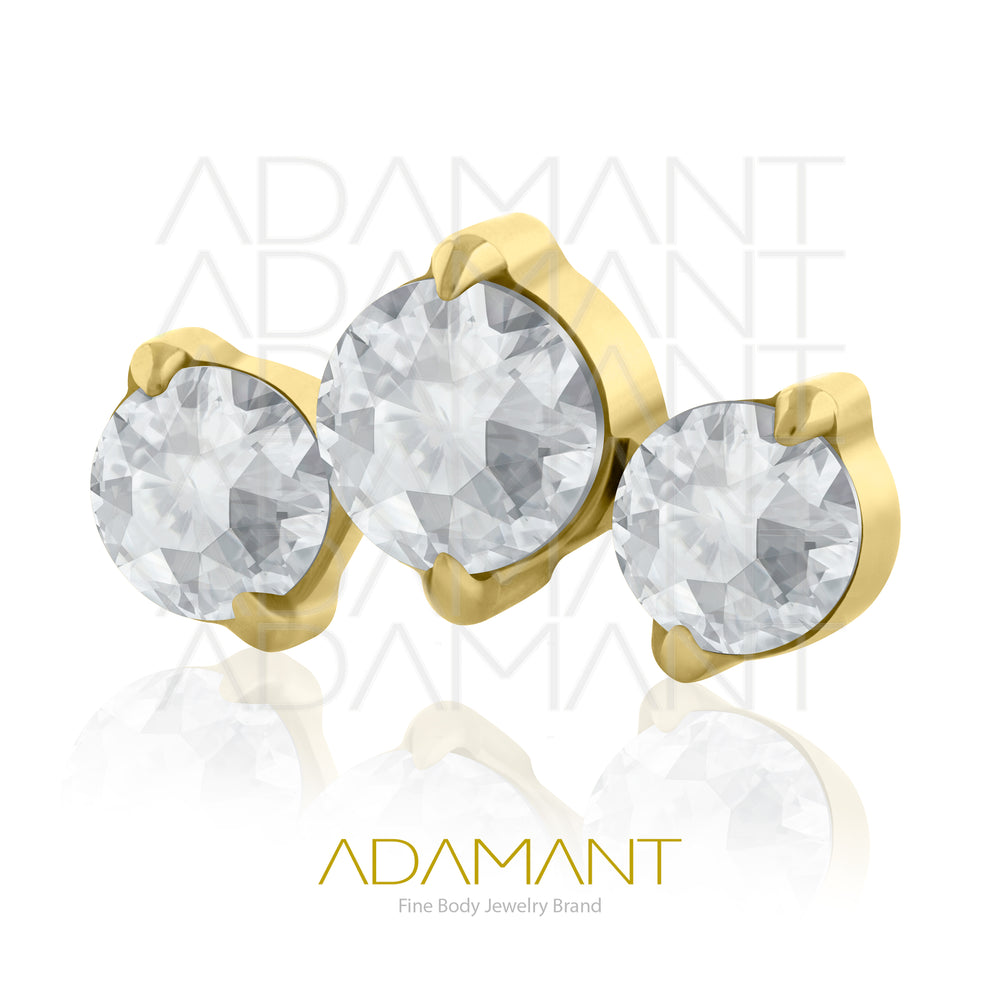 18g - 16g,Titanio Platizado Dorado Accesorio Rosca, 0.9mm Patrón de rosca, Triple Cluster, Prong Set, Cubic Zirconia.
