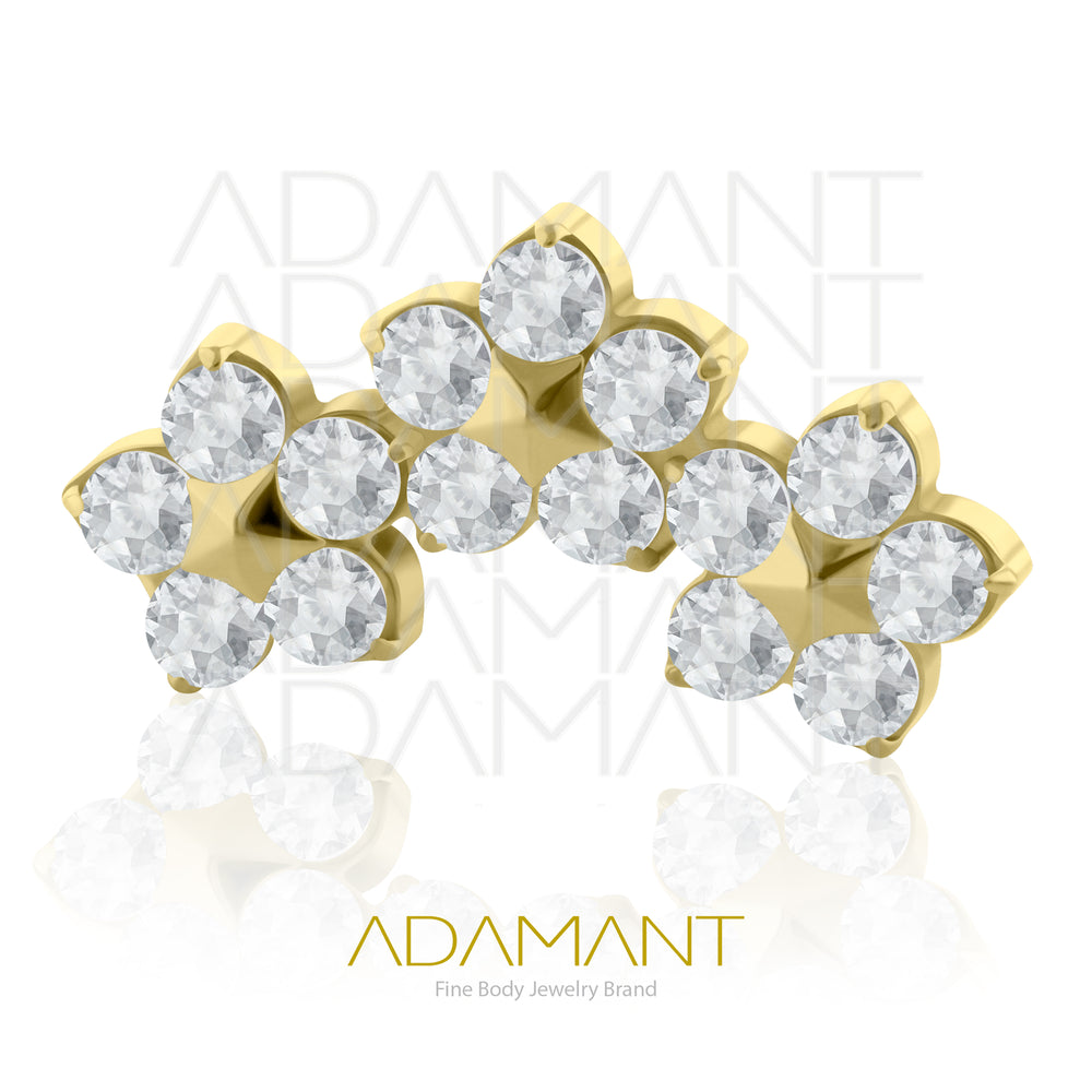 18g - 16g, Titanio Platizado Dorado, Accesorio Rosca, 0.9mm Patrón de rosca, Triple Flower, Prong Set, Cubic Zirconia.