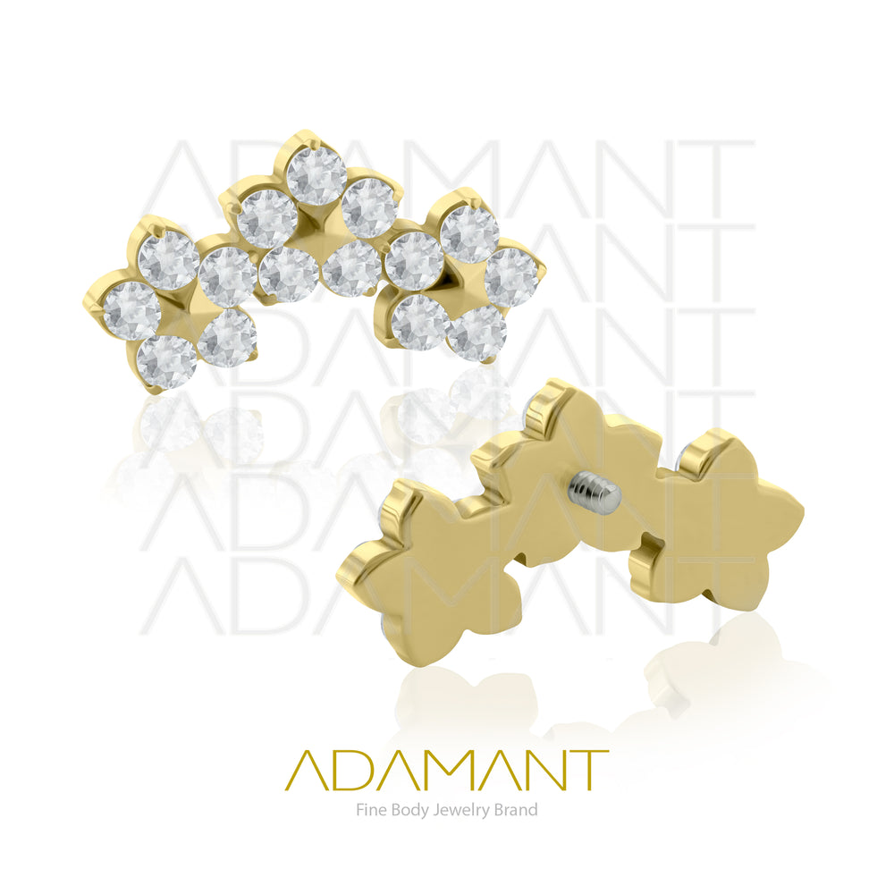 18g - 16g, Titanio Platizado Dorado, Accesorio Rosca, 0.9mm Patrón de rosca, Triple Flower, Prong Set, Cubic Zirconia.