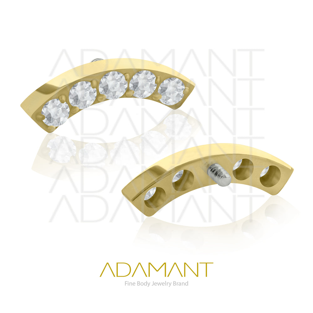 18g - 16g, Titanio Platizado Dorado, Accesorio Rosca, 0.9mm Patrón de rosca, Curved 5 crystals, Prong Set, Cubic Zirconia.