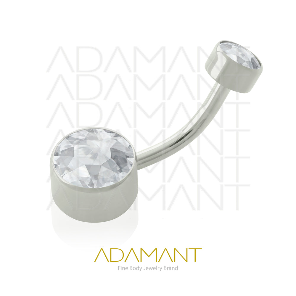 14g, Titanio Navel Curved, Rosca Interna, 1.2mm Patrón de Rosca, Ombligo Doble Bezel Set Plano, Cubic Zirconia.
