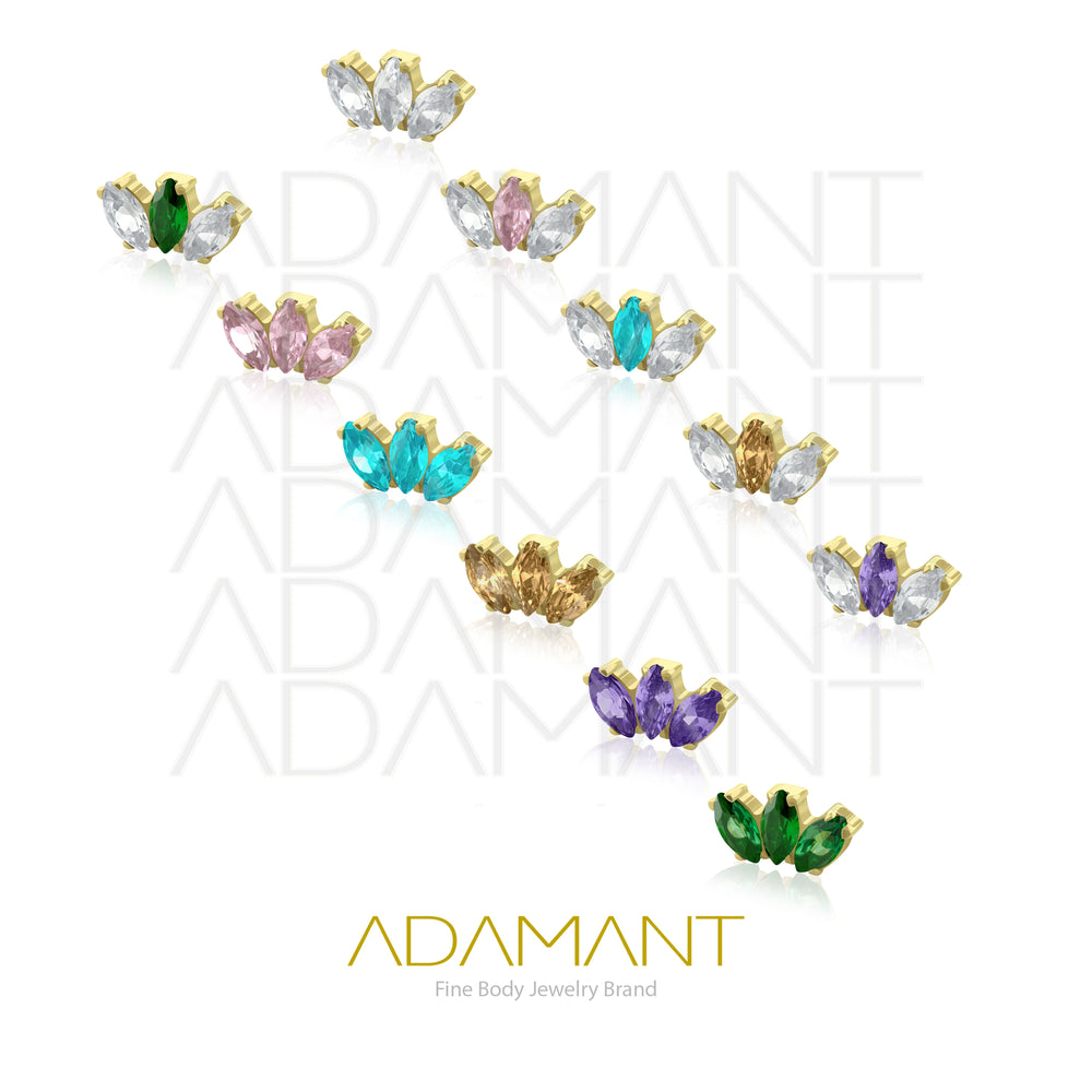 18g - 16g, Titanio Accesorio Rosca, 0.9mm Patrón de rosca, Marquise Platizado Dorado, Prong Set, Cubic Zirconia.