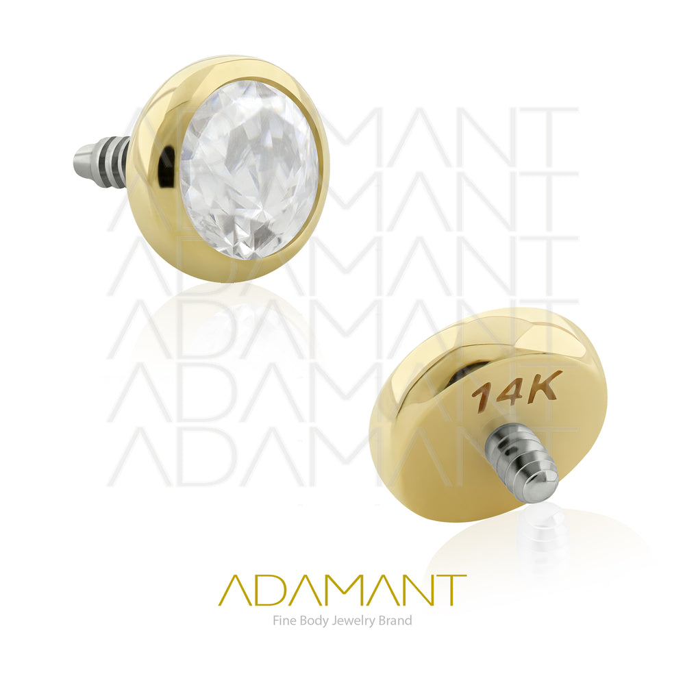 16g, Oro Solido 14k Accesorio Rosca, 0.9mm Patrón de rosca, Bezel Set, Cristal plano