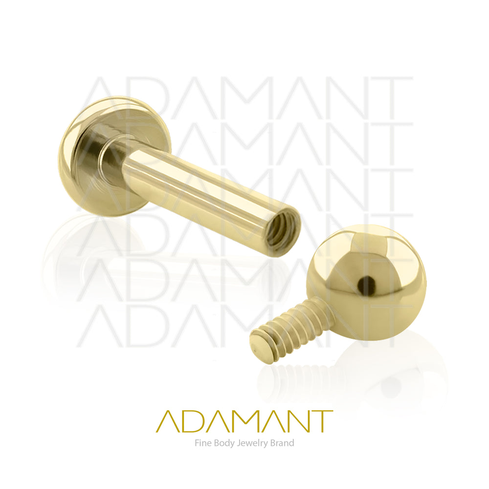 16g, Oro Solido 14k Accesorio Rosca, 0.9mm Patrón de rosca, Barra tipo labret con Bola