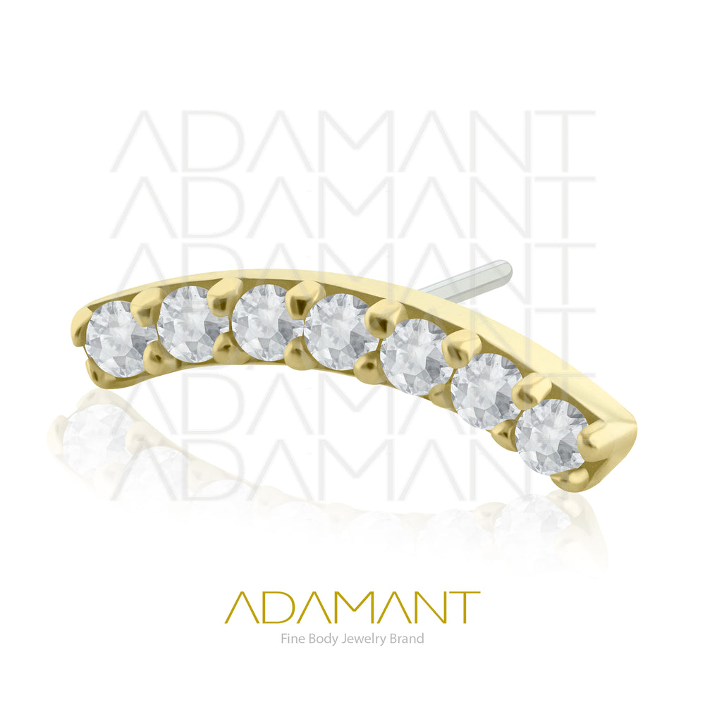 25g, Oro Solido 14k Accesorio Sin Rosca, 4.8mm Tamaño del Pin, Curved 7 crystals Prong Set, Cubic Zirconia.