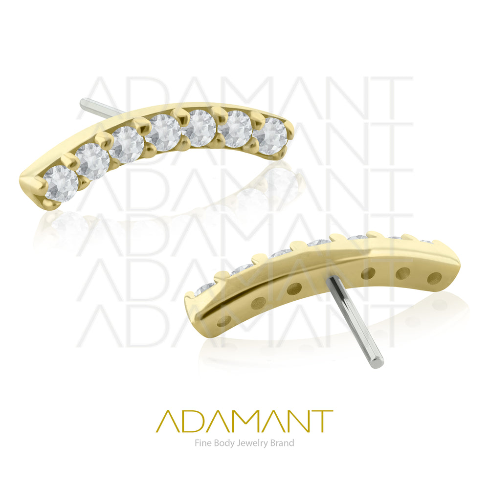25g, Oro Solido 14k Accesorio Sin Rosca, 4.8mm Tamaño del Pin, Curved 7 crystals Prong Set, Cubic Zirconia.