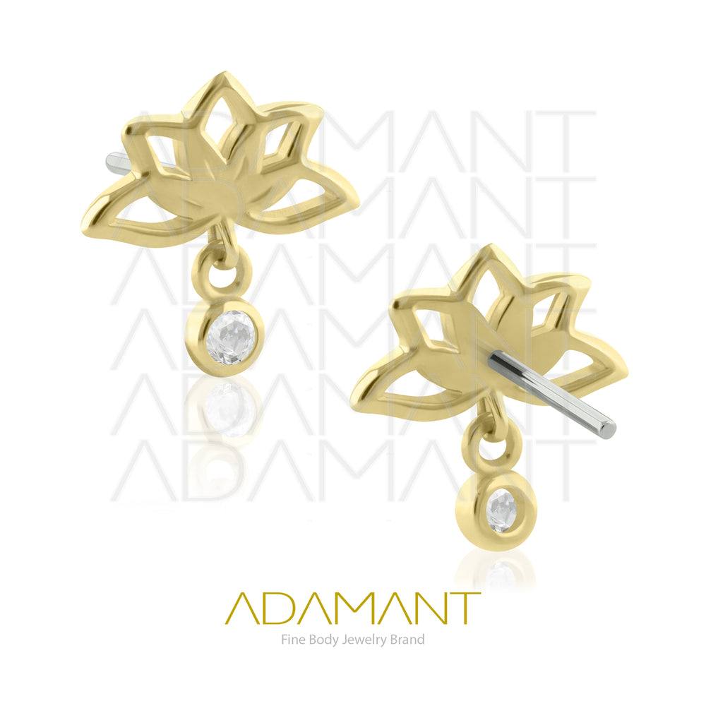 25g, Oro Solido 14k Accesorio Sin Rosca, 4.8mm Tamaño del Pin, Dangle Flor de Loto Bezel Set, Cubic Zirconia.