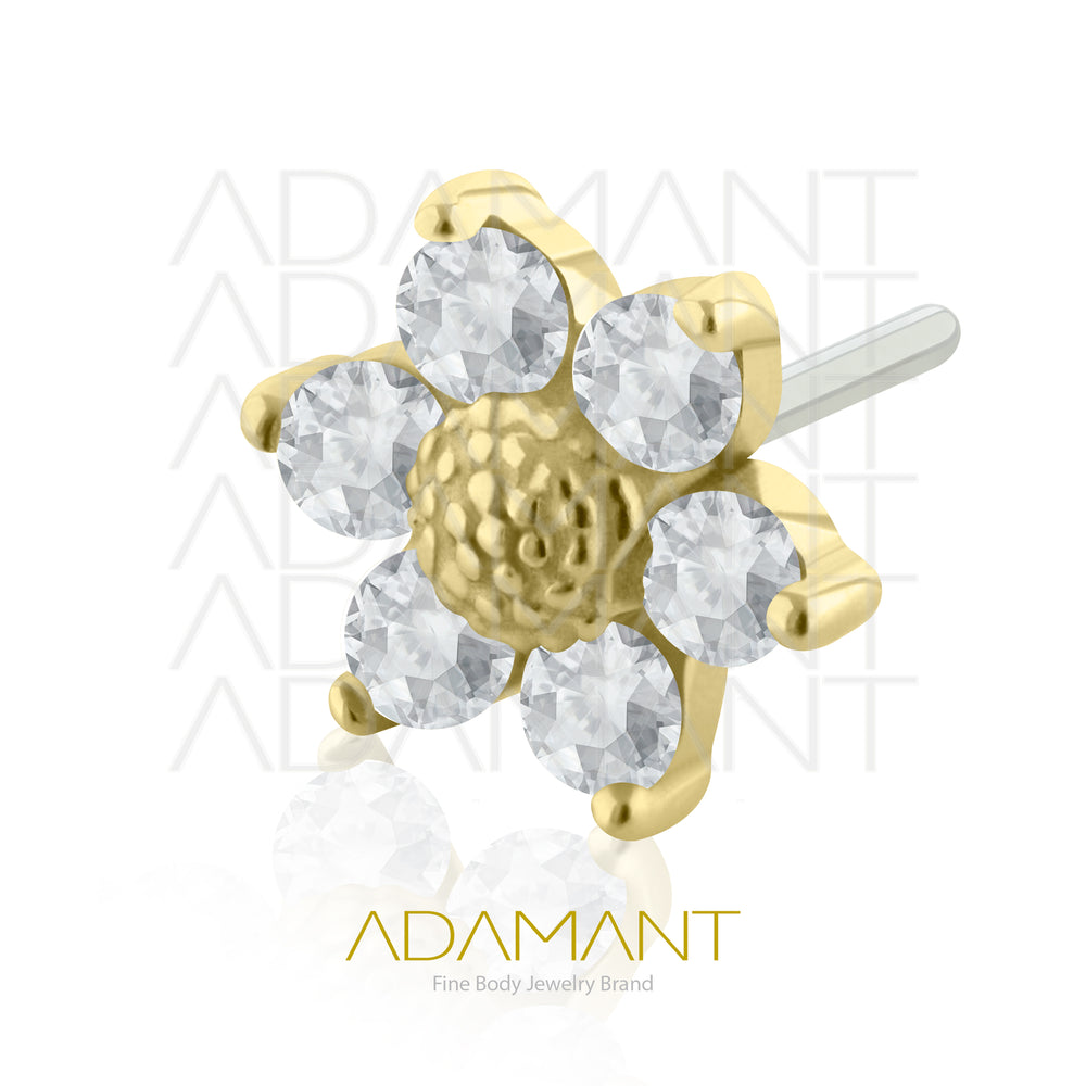 25g, Oro Solido 14k Accesorio Sin Rosca, 4.8mm Tamaño del Pin, Flor Hammered con Pétalos, Prong Set, Cubic Zirconia