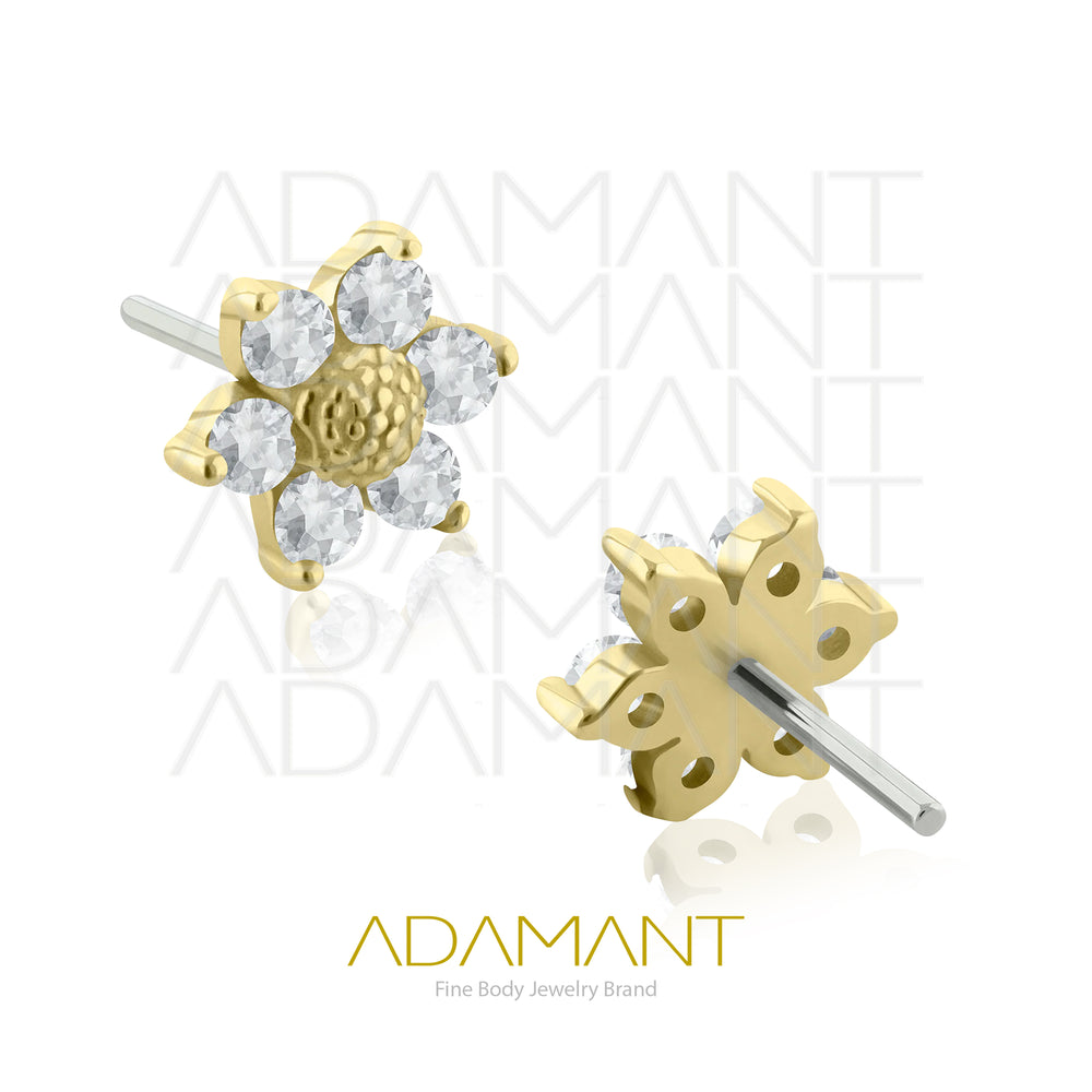 25g, Oro Solido 14k Accesorio Sin Rosca, 4.8mm Tamaño del Pin, Flor Hammered con Pétalos, Prong Set, Cubic Zirconia