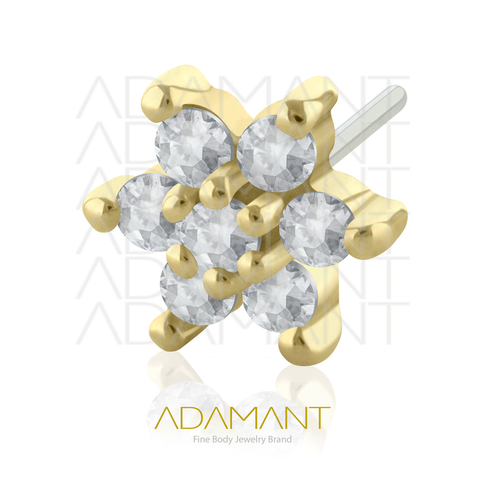 25g, Oro Solido 14k Accesorio Sin Rosca, 4.8mm Tamaño del Pin, Flor con Pétalos, Prong Set, Cubic Zirconia
