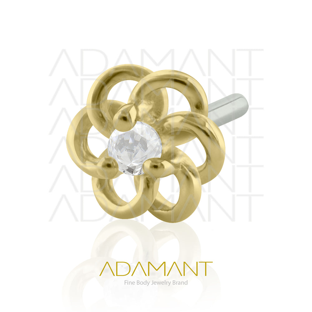 25g, Oro Solido 14k Accesorio Sin Rosca, 4.8mm Tamaño del Pin, Flor de Hibisco Prong Set, Cubic Zirconia.