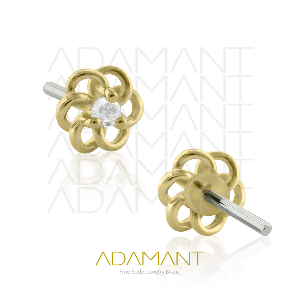 25g, Oro Solido 14k Accesorio Sin Rosca, 4.8mm Tamaño del Pin, Flor de Hibisco Prong Set, Cubic Zirconia.