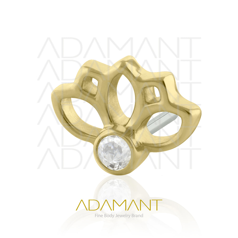 25g, Oro Solido 14k Accesorio Sin Rosca, 4.8mm Tamaño del Pin, Flor de Loto Bezel Set, Cubic Zirconia.