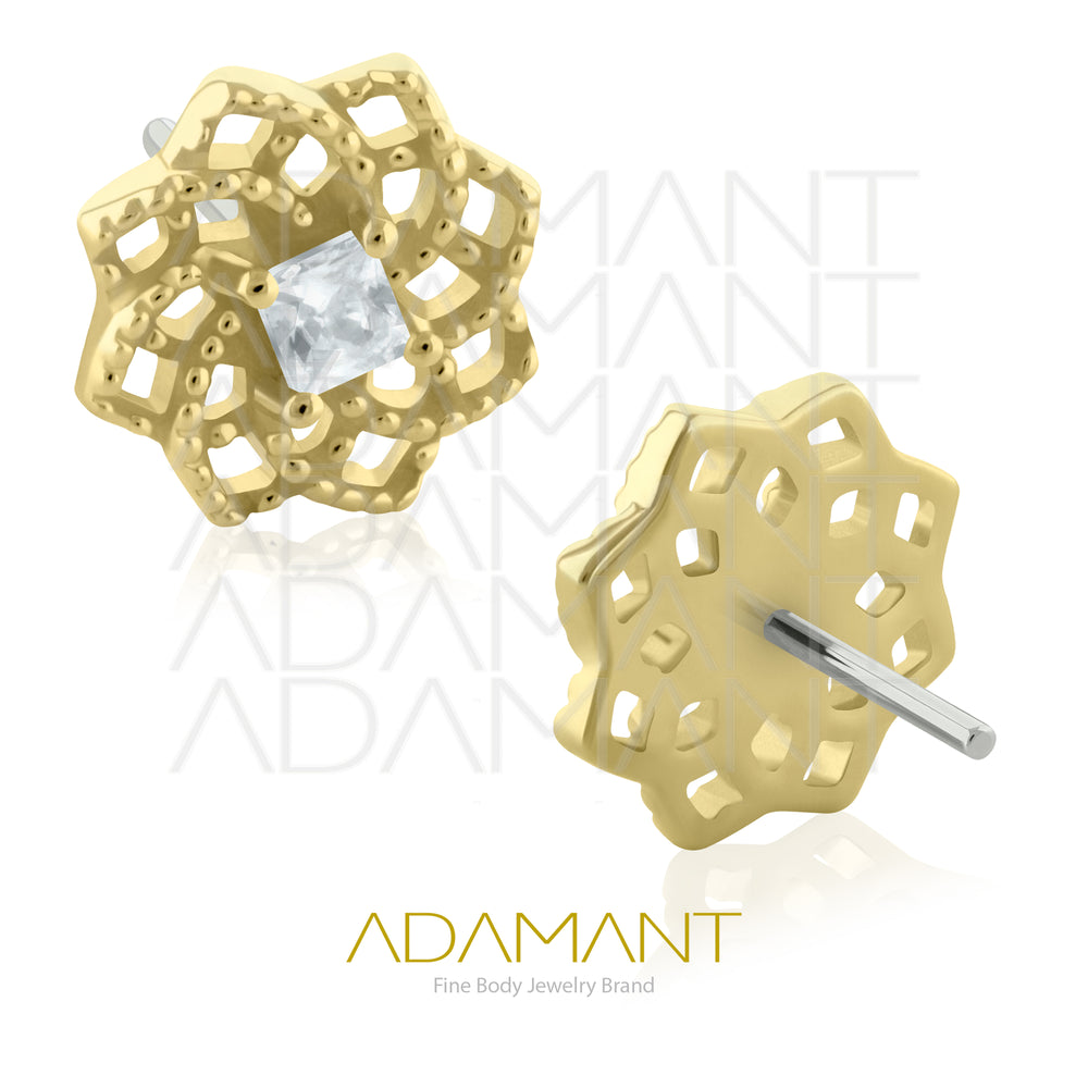 25g, Oro Solido 14k Accesorio Sin Rosca, 4.8mm Tamaño del Pin, Mandala Flower Prong Set, Cubic Zirconia.