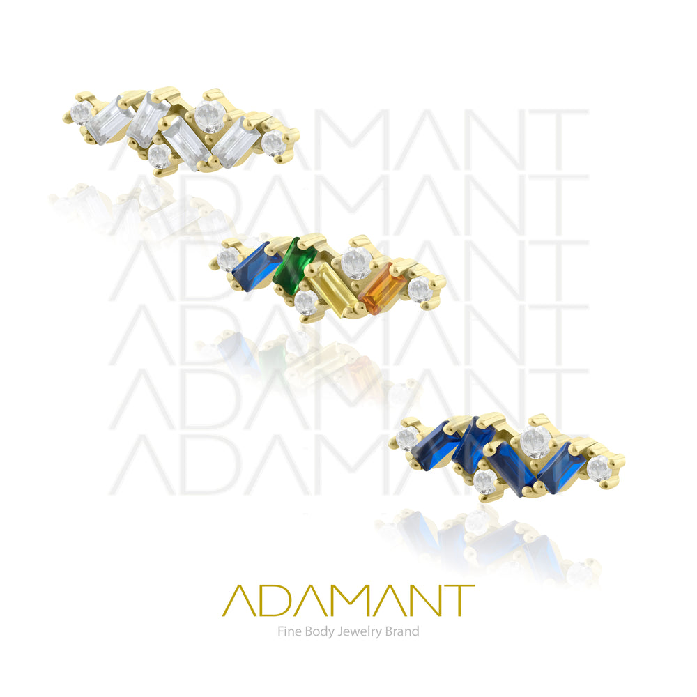 25g, Oro Solido 14k Accesorio Sin Rosca, 4.8mm Tamaño del Pin, Multi Baguette Prong Set, Cubic Zirconia.