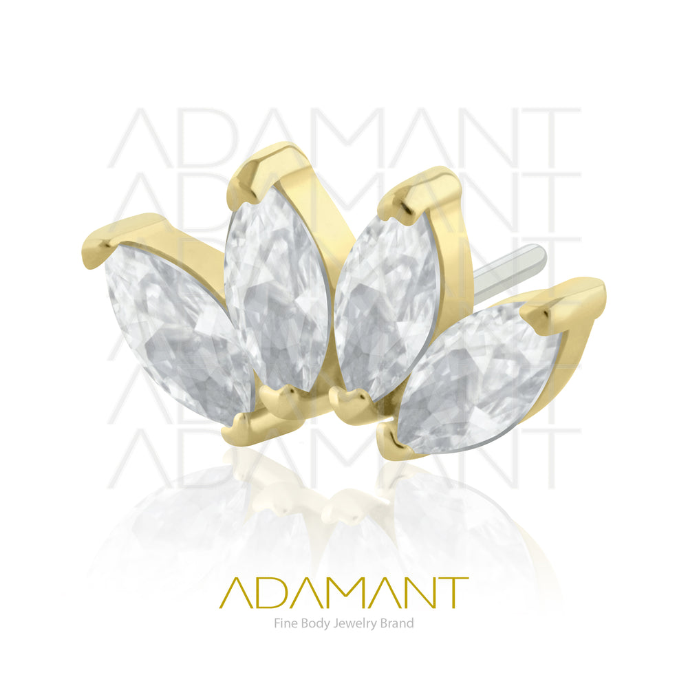 25g, Oro Solido 14k Accesorio Sin Rosca, 4.8mm Tamaño del Pin, Quad Marquise Prong Set, Cubic Zirconia.