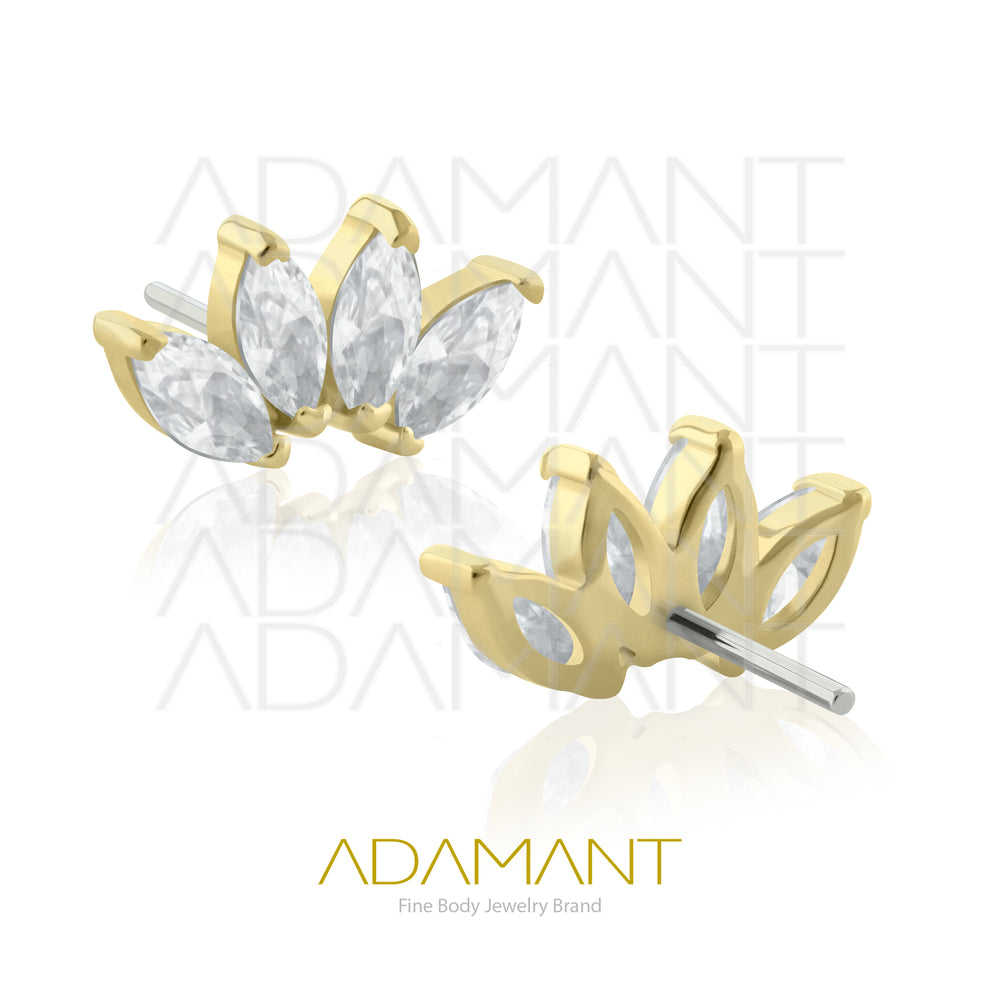 25g, Oro Solido 14k Accesorio Sin Rosca, 4.8mm Tamaño del Pin, Quad Marquise Prong Set, Cubic Zirconia.