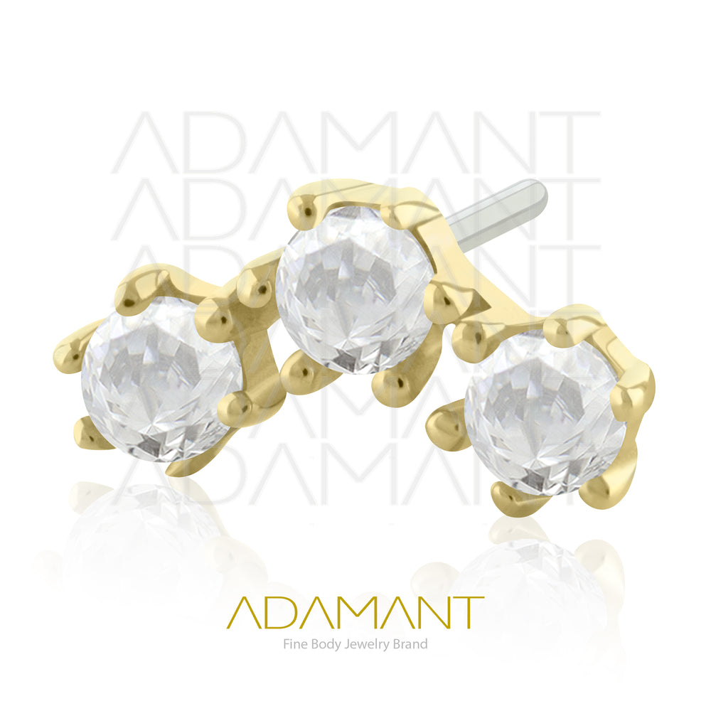 25g, Oro Solido 14k Accesorio Sin Rosca, 4.8mm Tamaño del Pin, Triple Cluster, Prong set, Cubic Zirconia.
