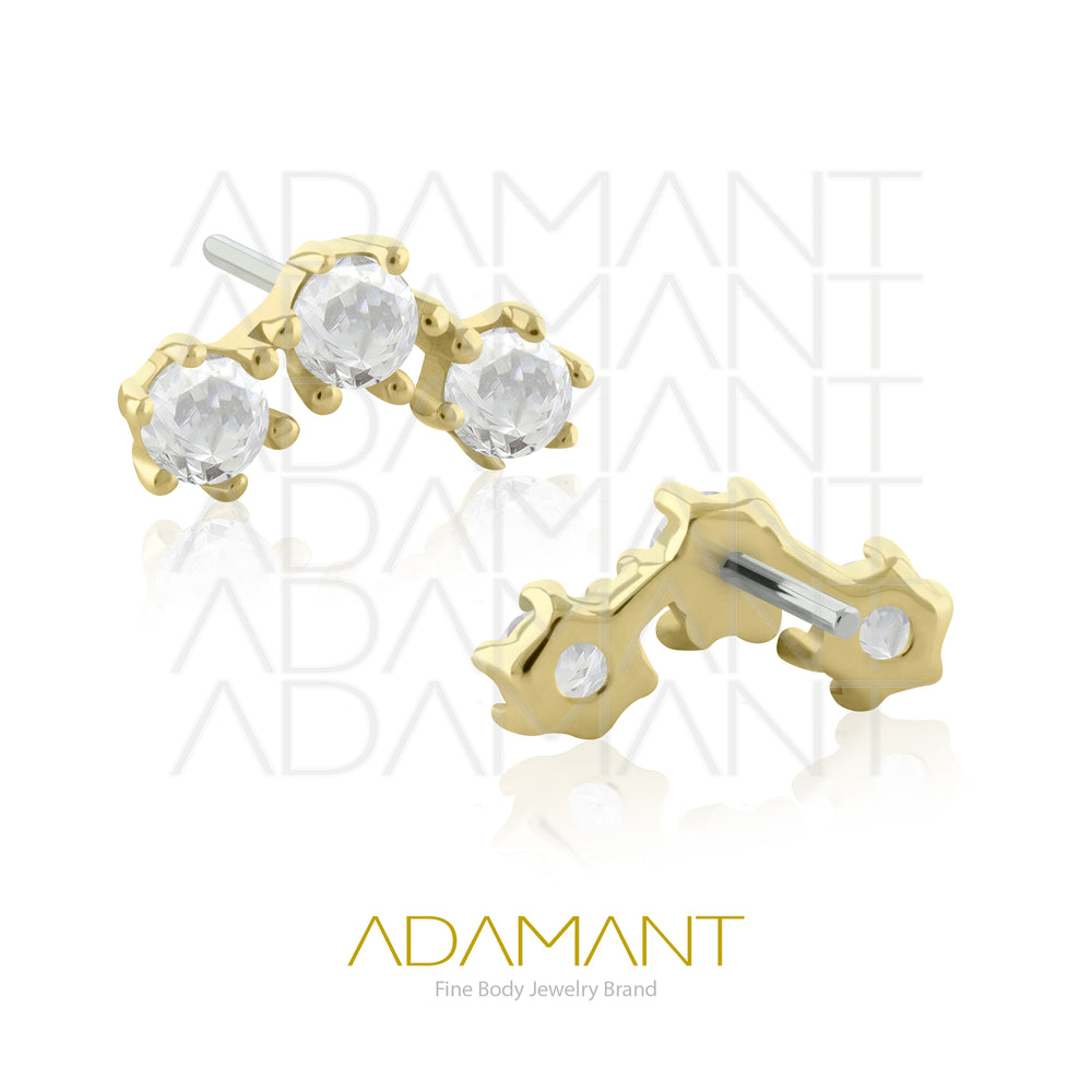 25g, Oro Solido 14k Accesorio Sin Rosca, 4.8mm Tamaño del Pin, Triple Cluster, Prong set, Cubic Zirconia.