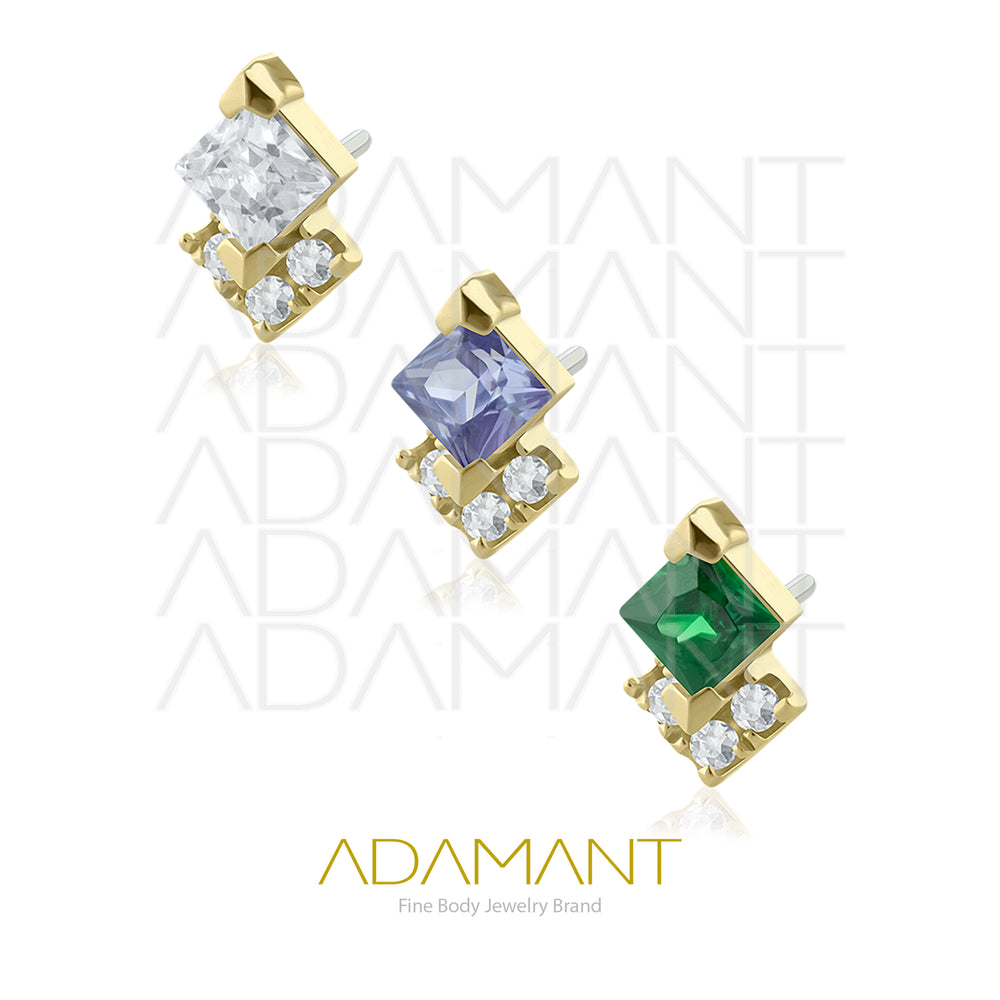25g, Oro Solido 14k Accesorio Sin Rosca, 4.8mm Tamaño del Pin, Triple Rombo Prong Set, Cubic Zirconia.