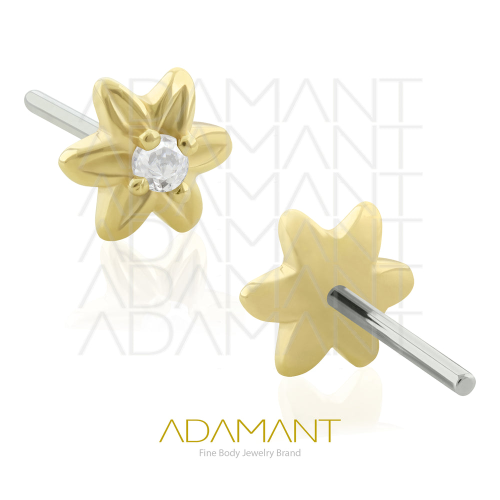 25g, Oro Solido 14k Accesorio Sin Rosca, 4.8mm Tamaño del Pin, Flor con centro, Prong Set, Cubic Zirconia