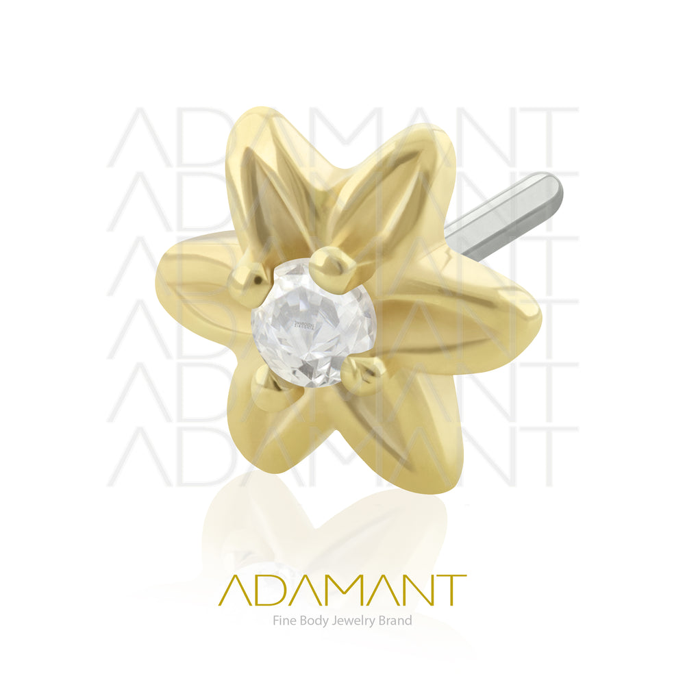 25g, Oro Solido 14k Accesorio Sin Rosca, 4.8mm Tamaño del Pin, Flor con centro, Prong Set, Cubic Zirconia