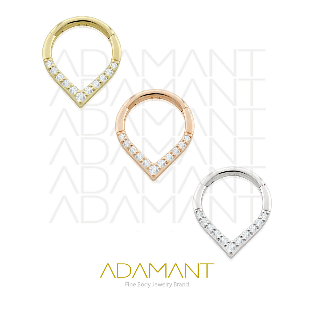16g, Oro Solido 14k Aro de Bisagra Clicker V shaped Front Multijewel, Prong Set, Cubic Zirconia