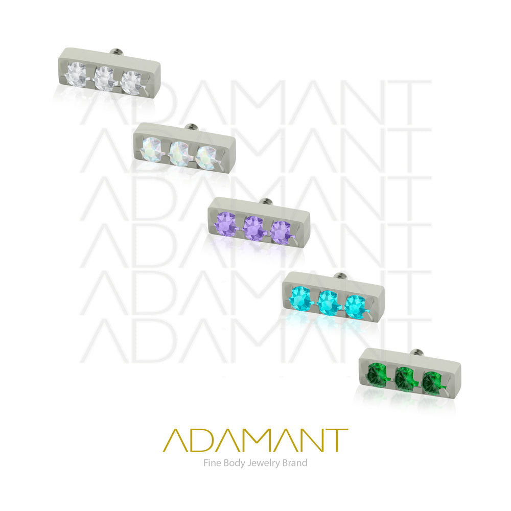 18g - 16g, Titanio Accesorio Rosca, 0.9mm Patrón de rosca, 3 Multi-Gem rectangular End, Prong Set, Cubic Zirconia.