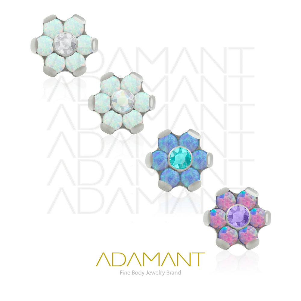 18g - 16g, Titanio Accesorio Rosca, 0.9mm Patrón de rosca, Flor, Prong Set, Opal con centro de Cubic Zirconia.