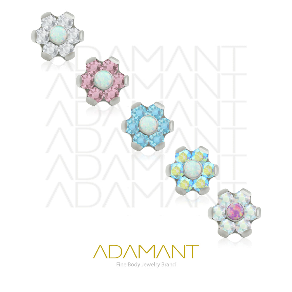 18g - 16g, Titanio Accesorio Rosca, 0.9mm Patrón de rosca, Flor, Prong Set, Cubic Zirconia con centro de Opal.