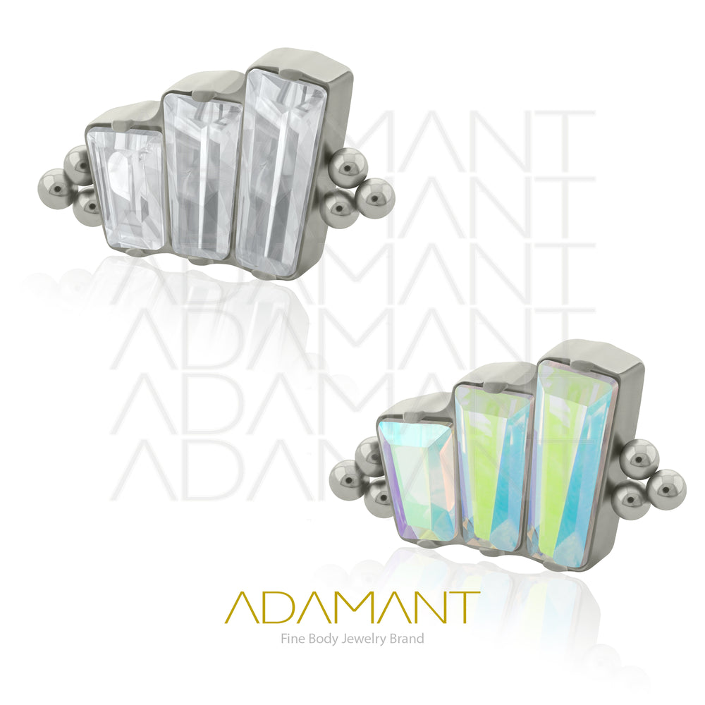 18g - 16g, Titanio Accesorio Rosca, 0.9mm Patrón de rosca, Triple baguette bead, Prong Set, Cubic Zirconia.