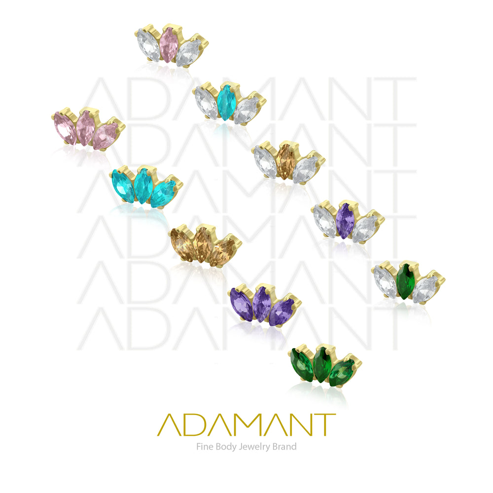18g - 16g, Titanio Accesorio Rosca, 0.9mm Patrón de rosca, Marquise Platizado Dorado, Prong Set, Cubic Zirconia.
