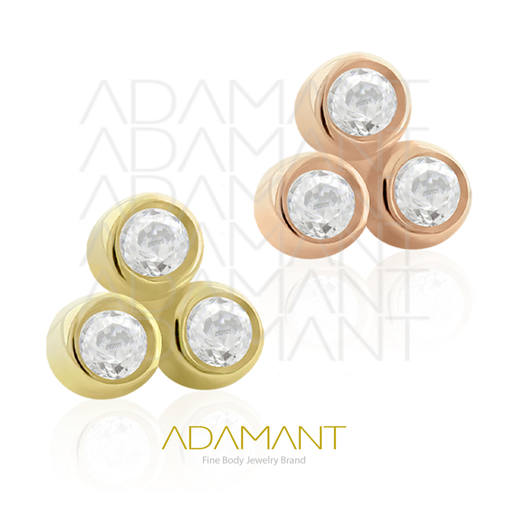 16g, Oro Solido 14k Accesorio Rosca, 0.9mm Patrón de rosca, Trinity, Bezel Set, Cubic Zirconia